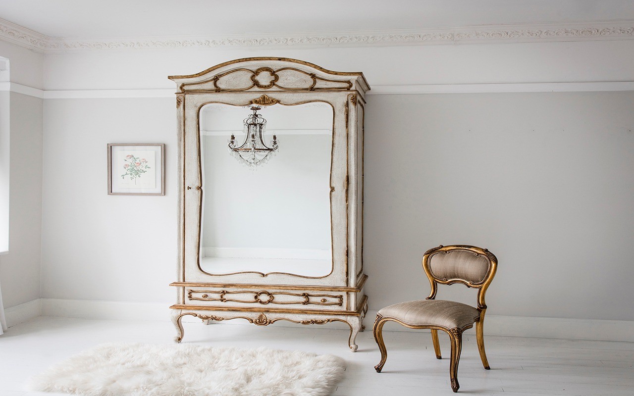 Meble, krzesło, szafa z lustrem, styl francuski, złocenia