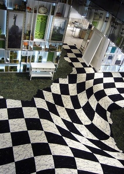 czarno-biała podłoga, dywany, wykładzony Carpet Studio, iluzoryczne wzory na podłodze, najnowsze trendy urządzanie wnętrz