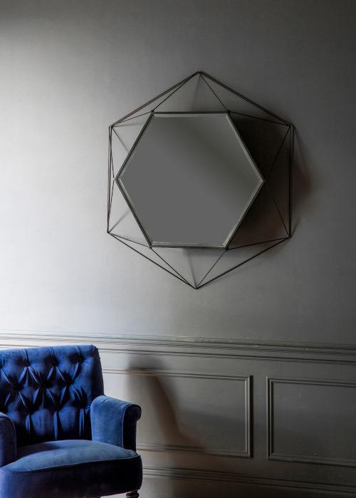 lustro w kształcie sześciokąta, lustro heksagon, geometryczne lustro do salonu