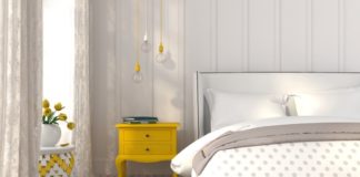 mała sypialnia, żółte dodatki