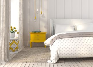 mała sypialnia, żółte dodatki